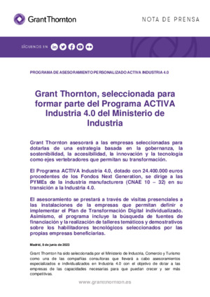 Grant Thornton, seleccionada para formar parte del Programa ACTIVA Industria 4.0 del Ministerio de Industria