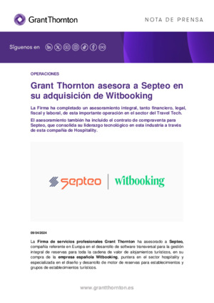 Grant Thornton asesora a Septeo en su adquisición de Witbooking