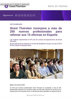 Grant Thornton incorpora a más de 250 nuevos profesionales para reforzar sus 12 oficinas en España