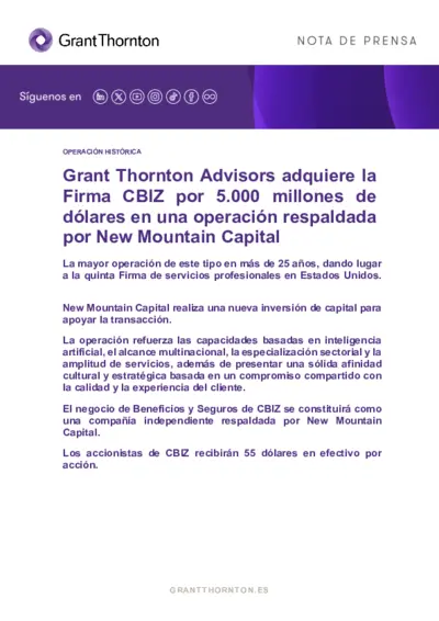 Grant Thornton Advisors adquiere la Firma CBIZ