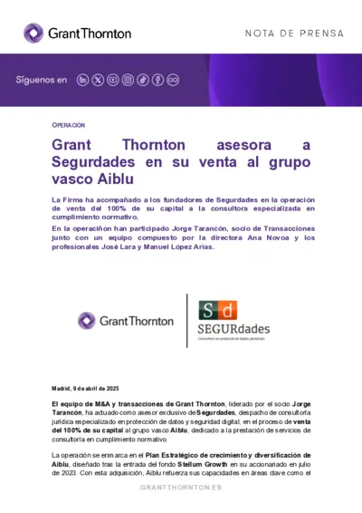 Grant Thornton asesora a Segurdades