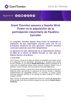 Grant Thornton asesora a Gazelle Wind Power en la adquisición de la participación mayoritaria de Faustino Carceller