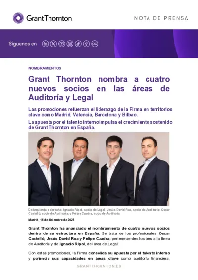 Cuatro nuevos socios en Auditoría y Legal