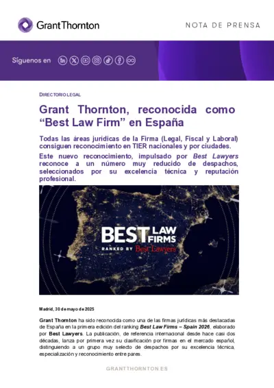 Grant Thornton, reconocida como “Best Law Firm” en España